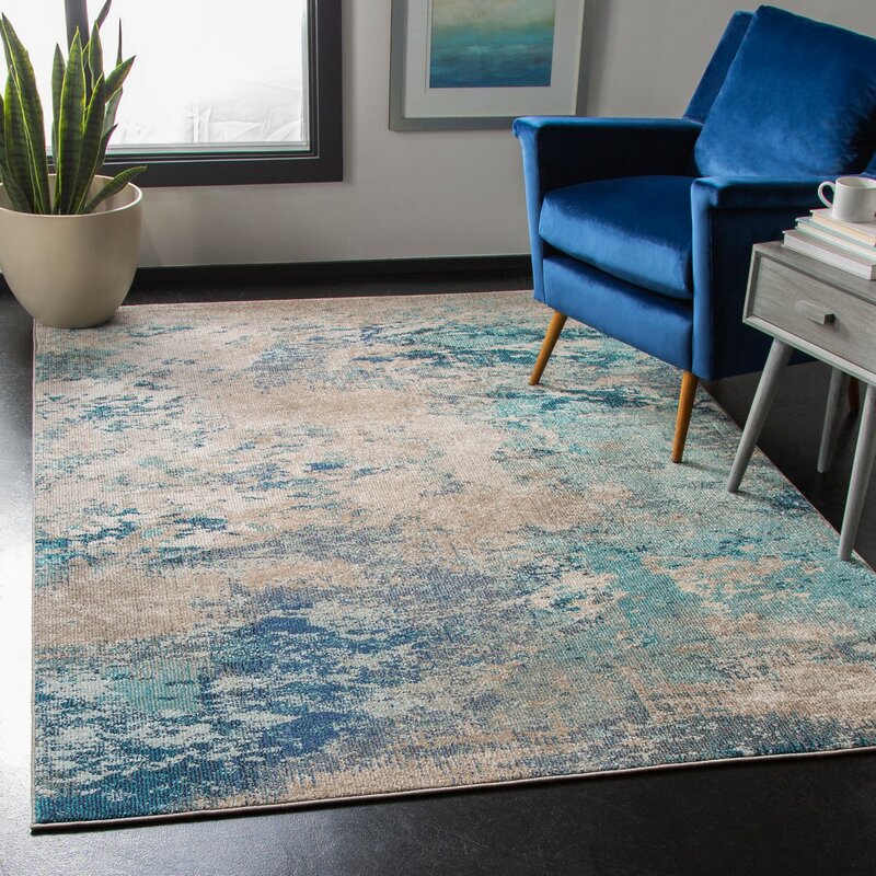 Blue and white area rug in living room