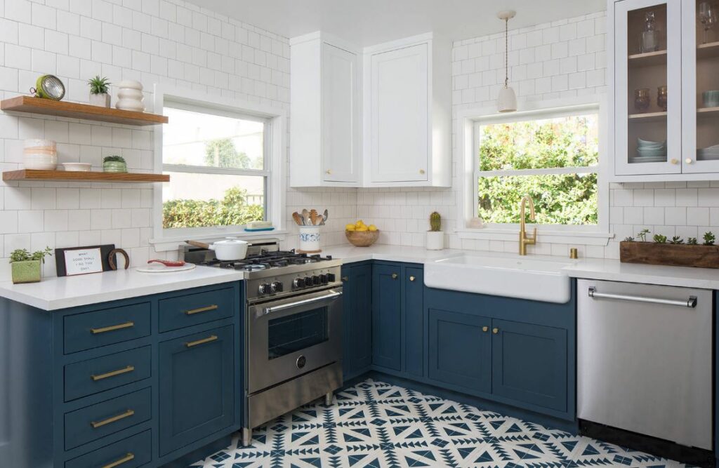 Blue and White Kitchen Decor With Brass Hardware