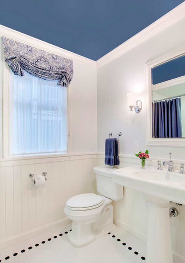 Blue bathroom ceiling white floor