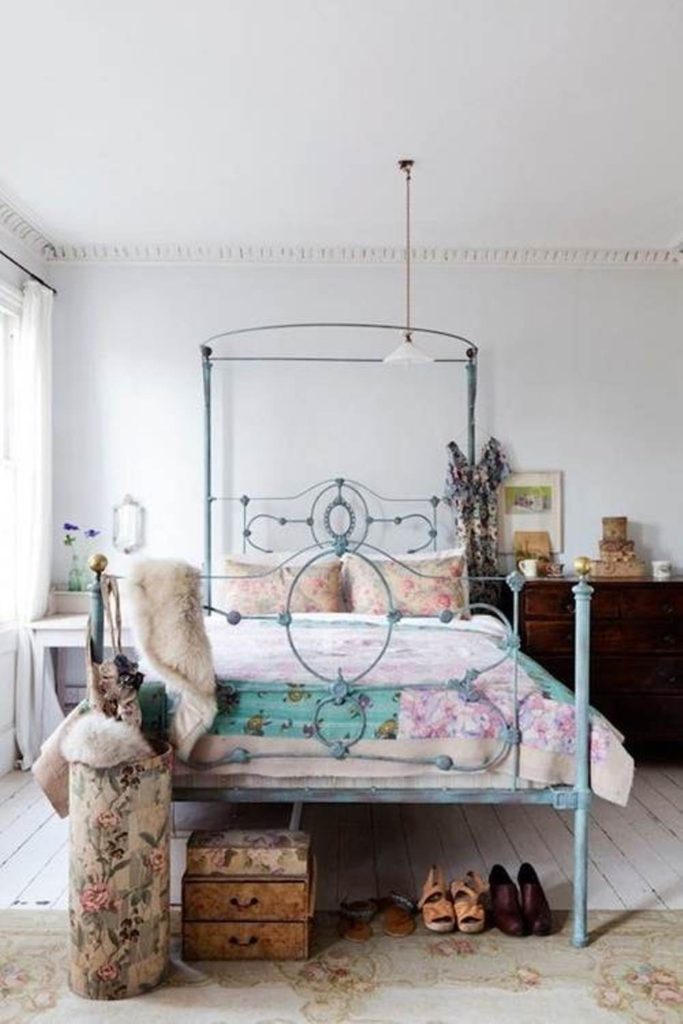 Bohemian bedroom and metal bedframe 683x1024