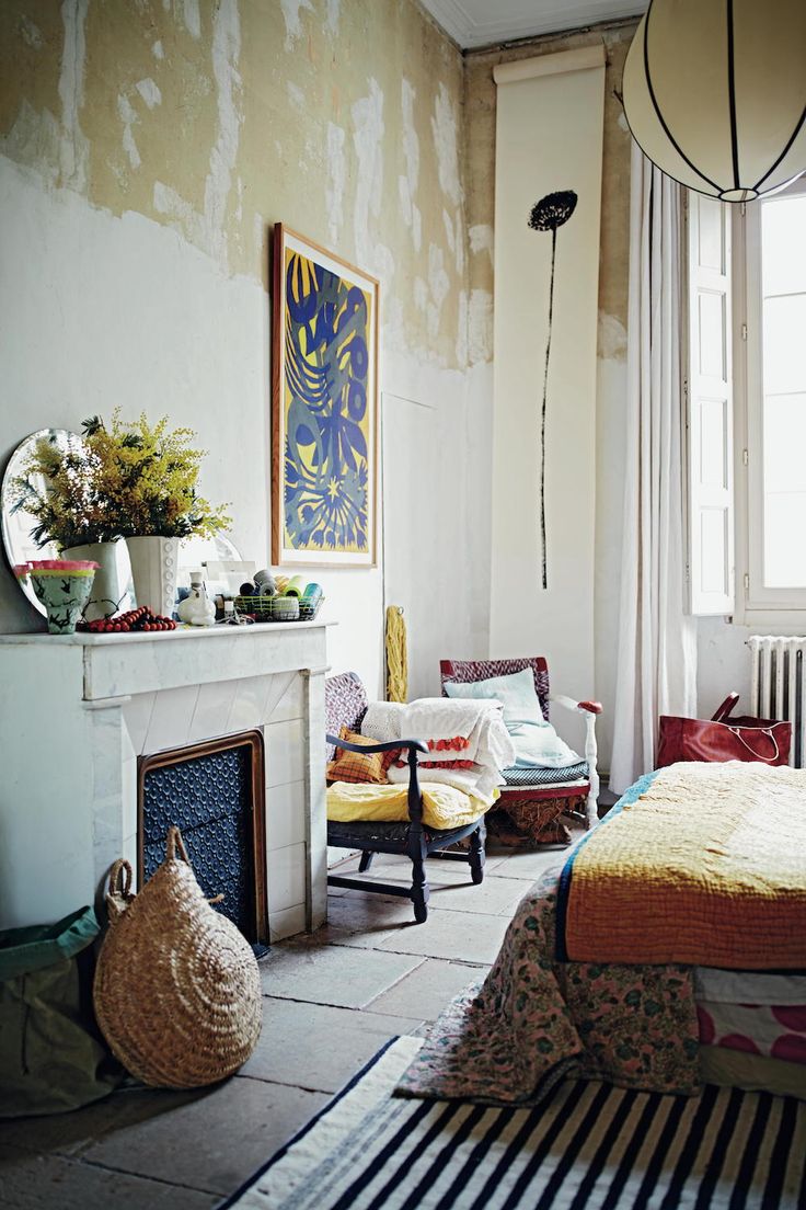 Bohemian bedroom with fireplace