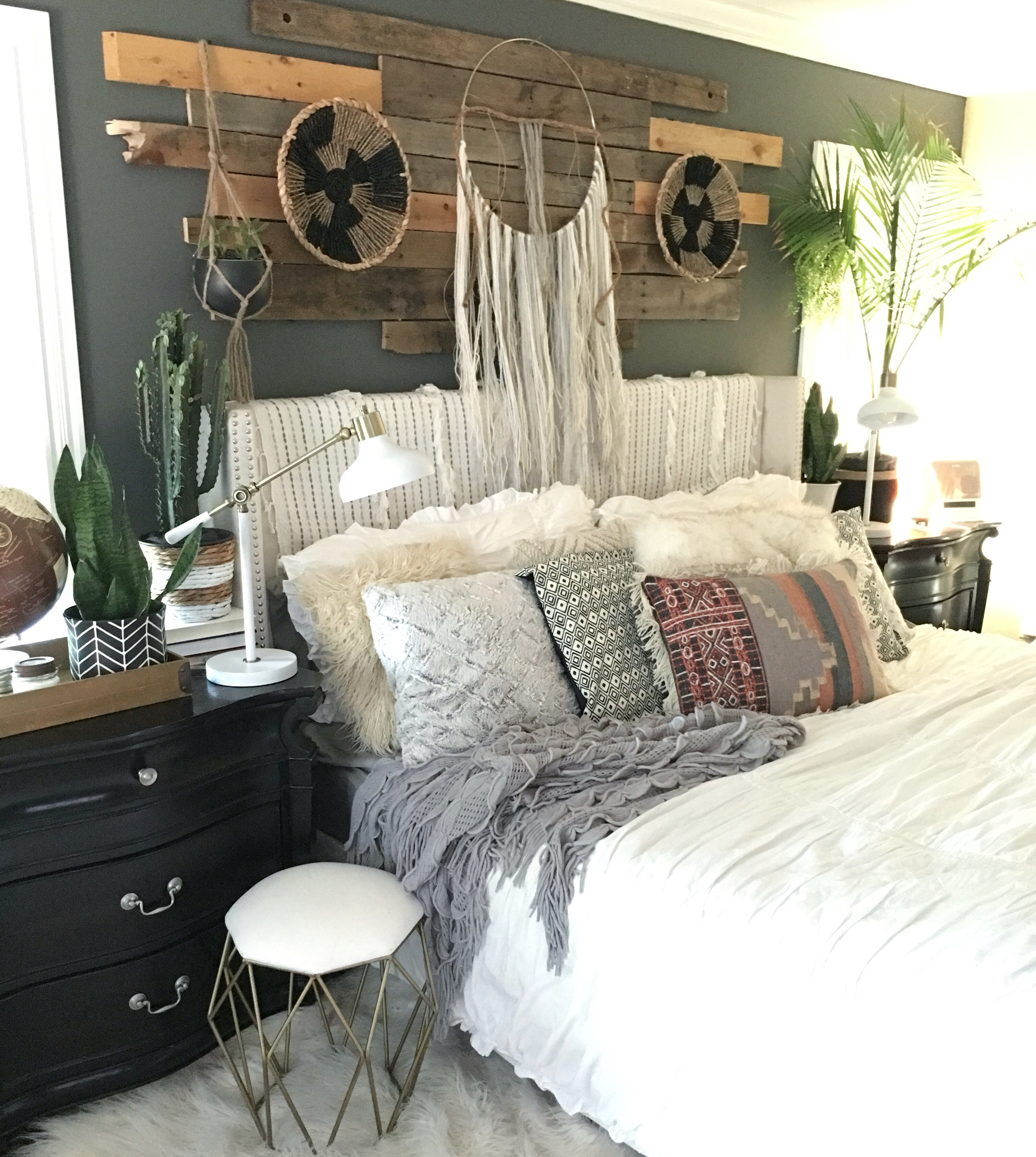 Bohemian neutral bedroom with texture