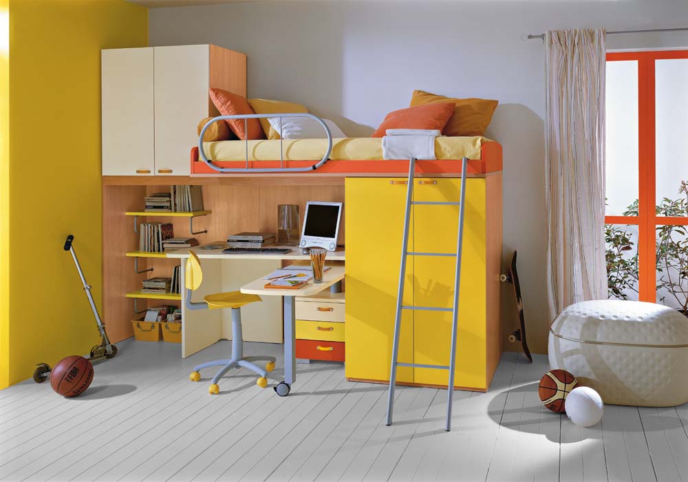 Boys teenage yellow room loft style desk under