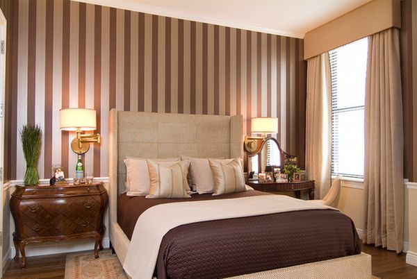 Brown bedroom featuring vertical stripes