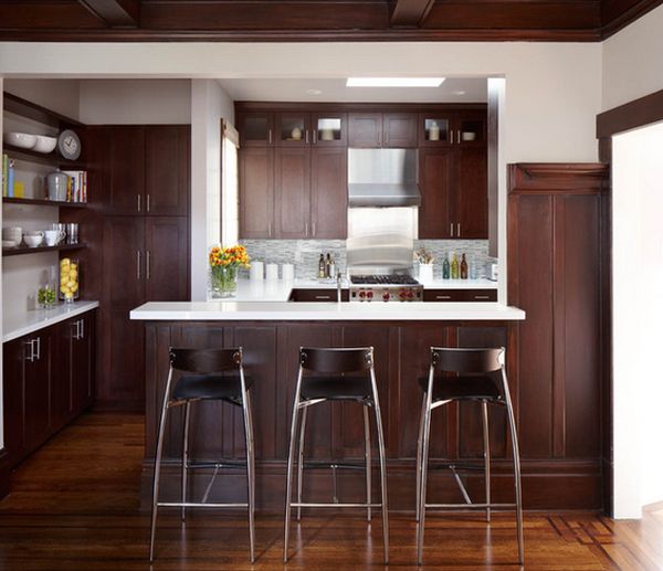 Brown wood paneling kitchen bar