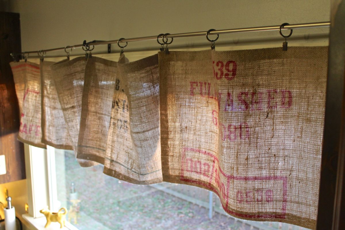 Burlap kitchen curtain