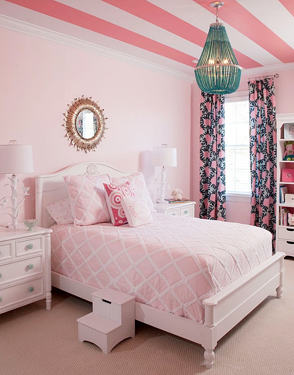 Charming kids room girl themed striped ceiling