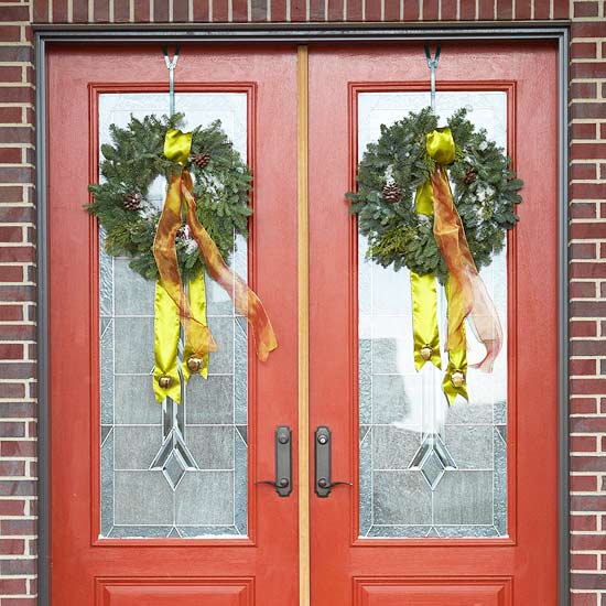 Christmas front door decoration matching reeaths with ribbon