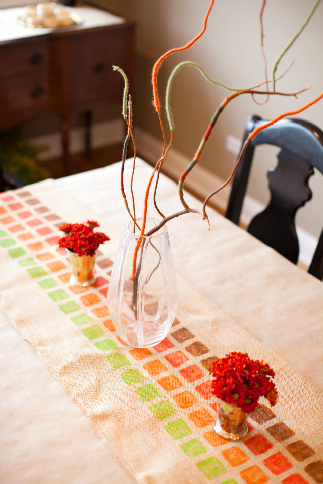 Colorful table runner from burlap