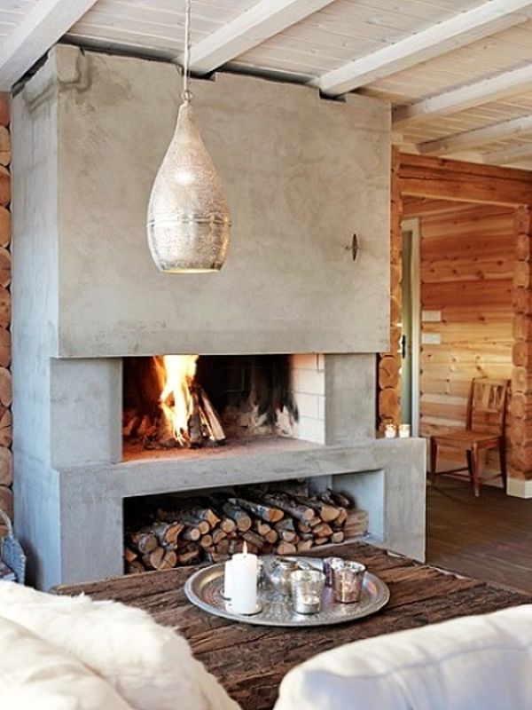 Concrete fireplace design firewood under