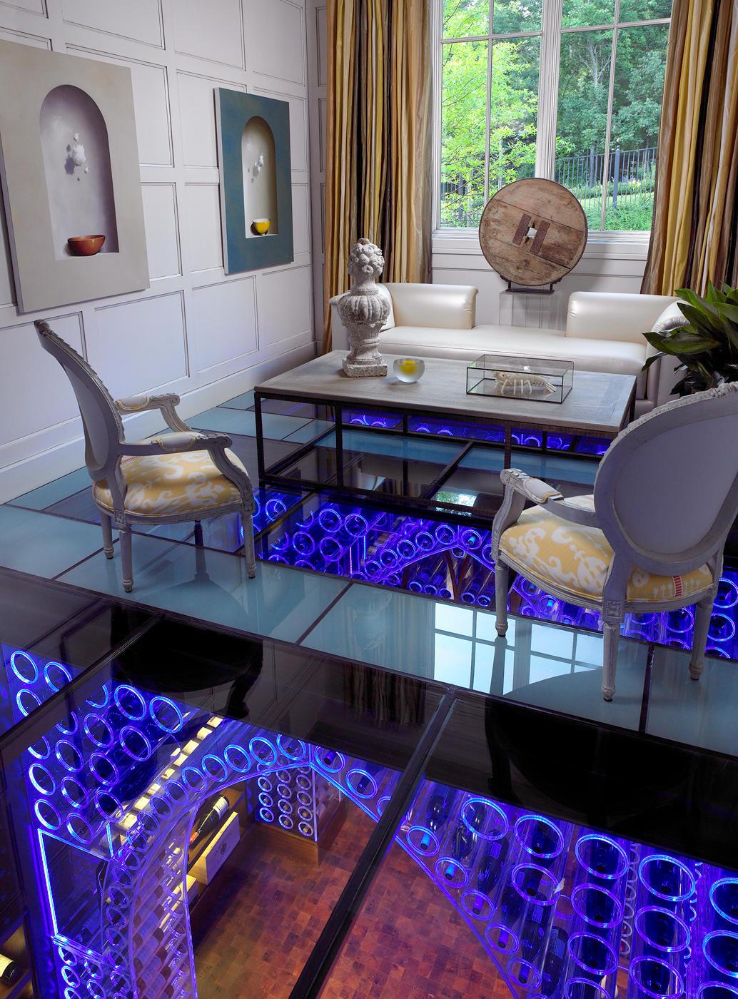 Contemporary LED wine cellar glass floor