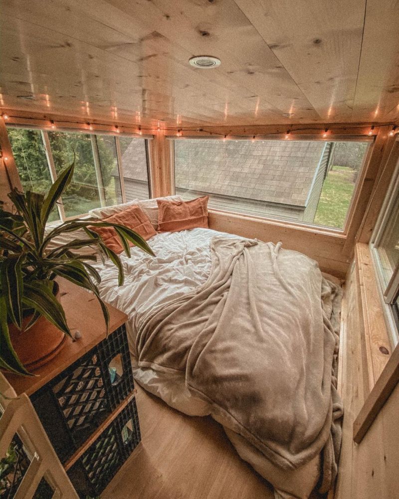 The loft area is divided into two sections at opposite sides of the house, one of them being the bedroom