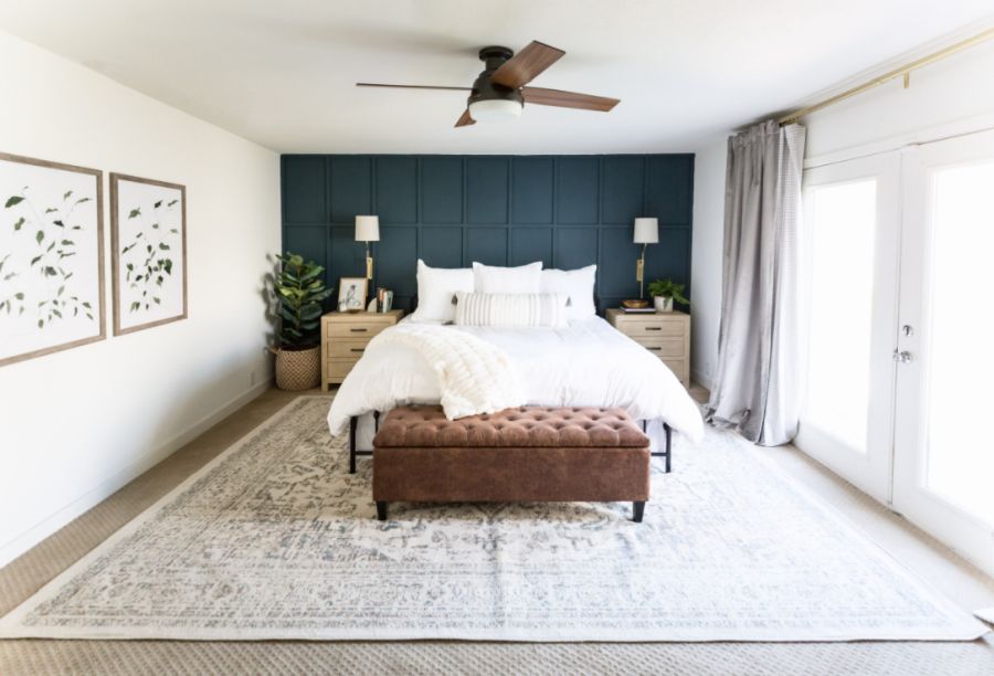 Cozy farmhouse master bedroom with natural wood accents