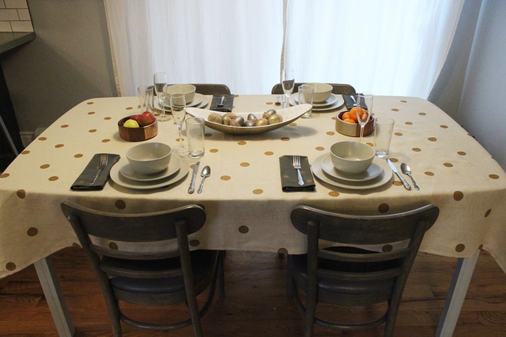 cream linen + gold polka dot tablecloth