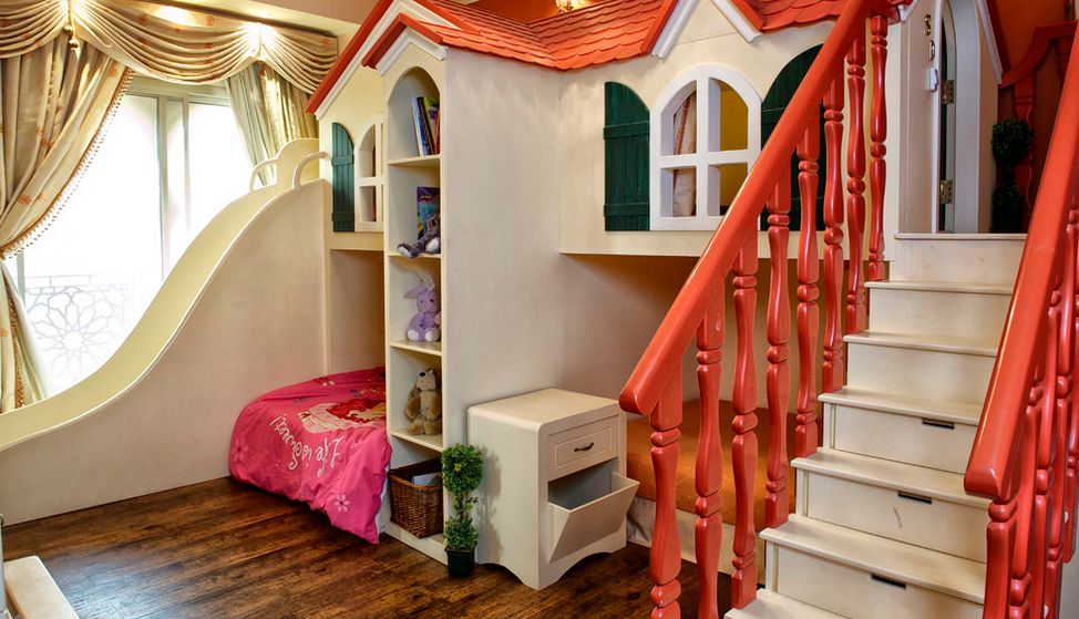 Custom girl kids room with slide and castle