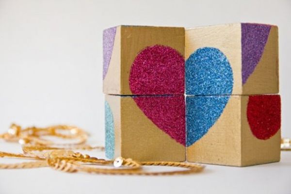 Diy glitter wooden block valentine puzzles