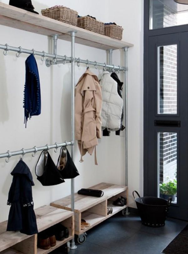 Entryway coat rack made from pipes