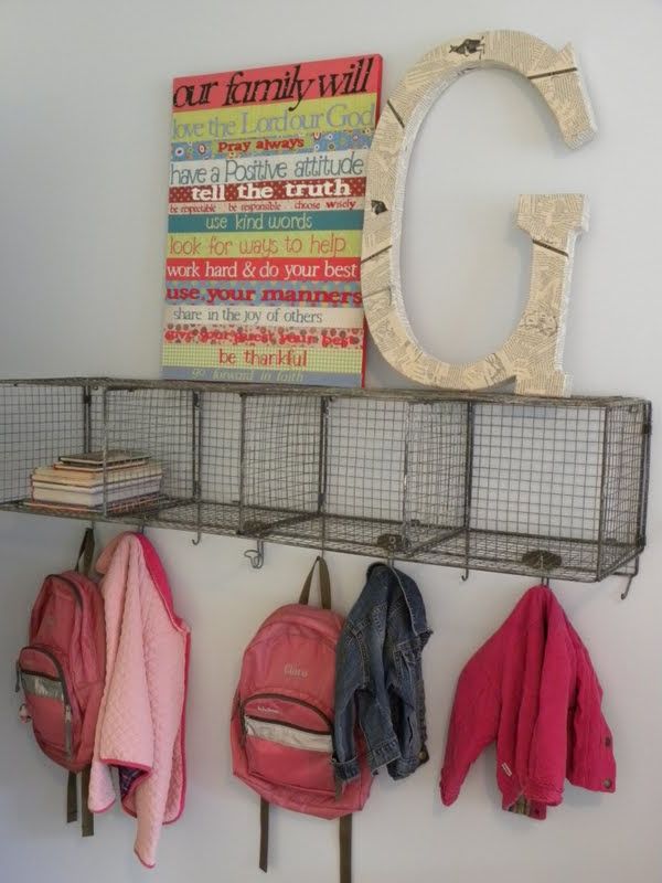 Entryway storage hooks and wire shelves