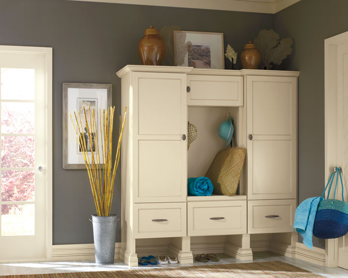 Entryway white cupboards storage