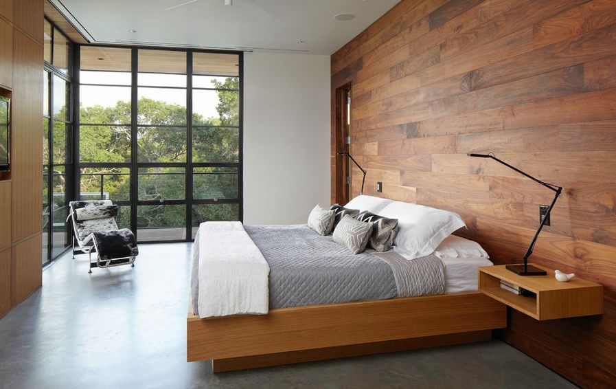 Floor to ceiling windows for bedroom and wood paneling floating ceiling