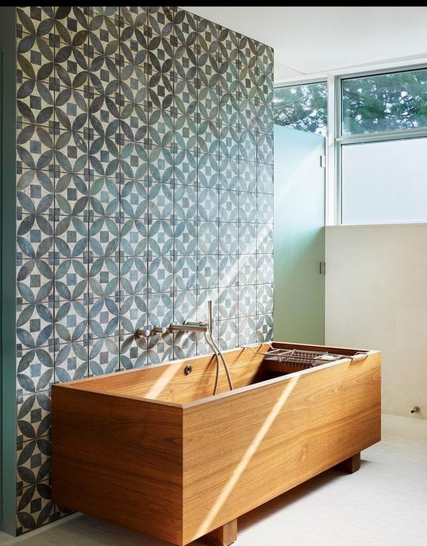 Floral tiles wooden bathrub