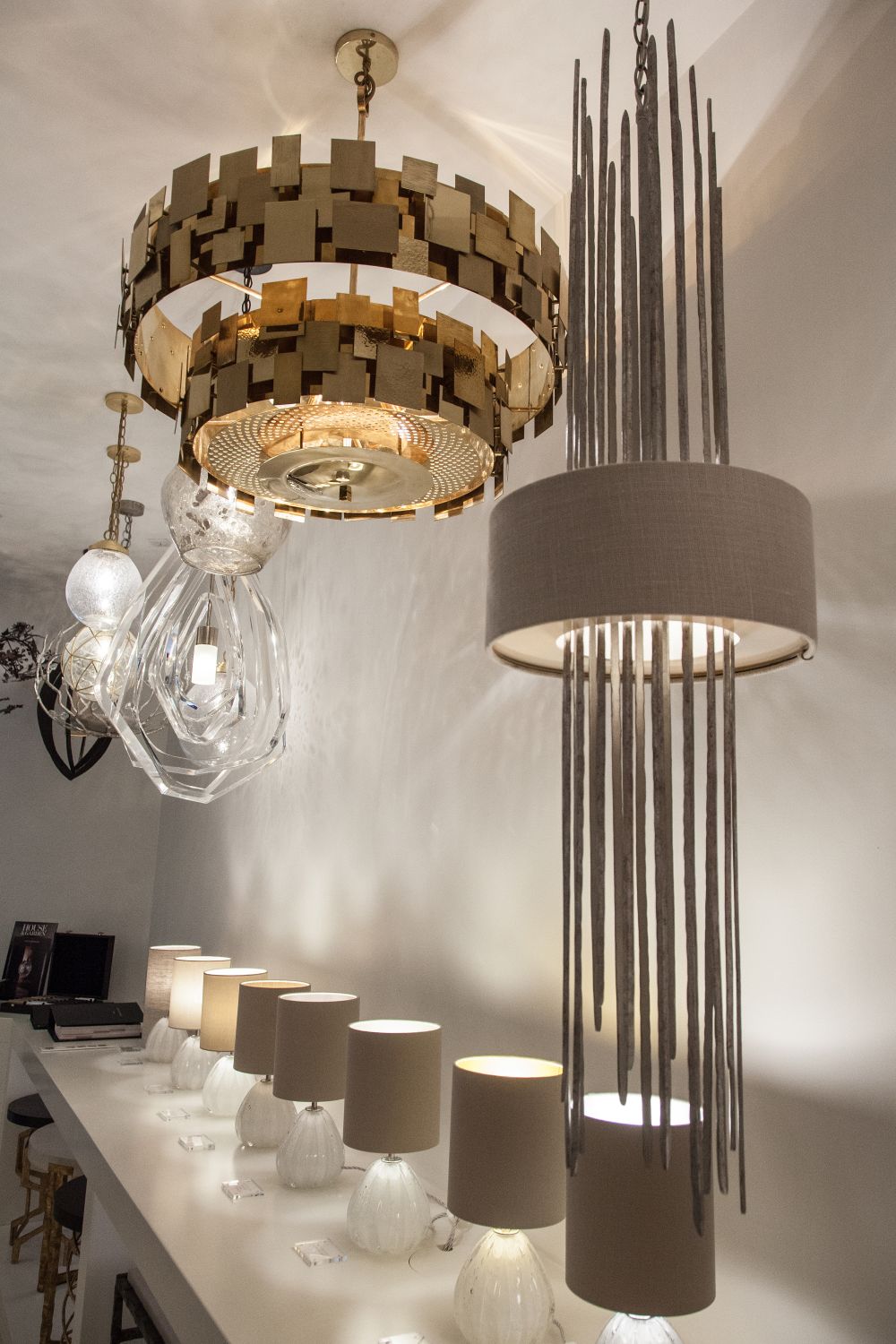 Flynn caged stairwell lantern and luca chandelier