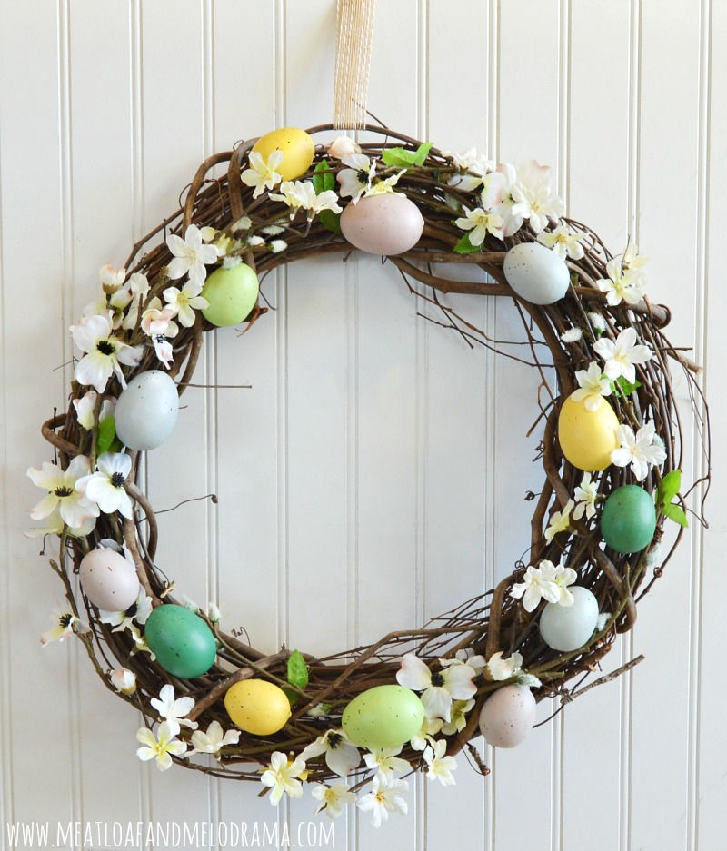 grapevine wreath with eggs for front door easter