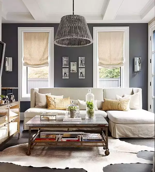 Gray color scheme living room cowhide rug