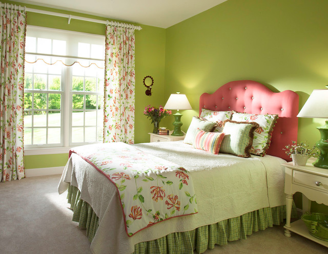 Green bedroom pops of pink