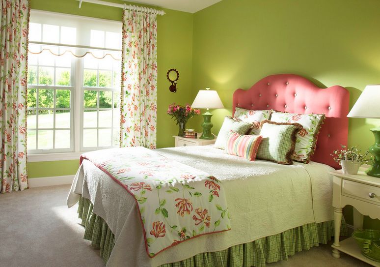 Green bedroom walls and pink headboard