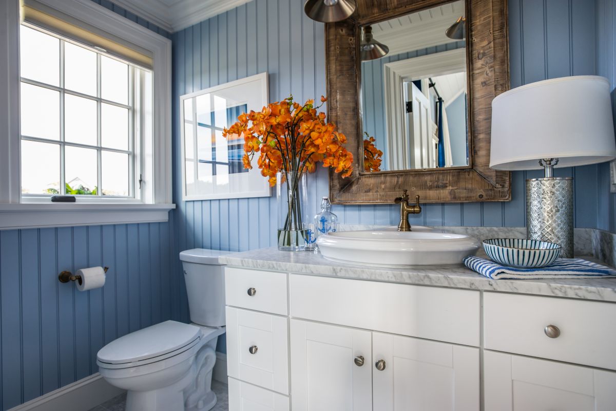 Grey blue and white bathroom