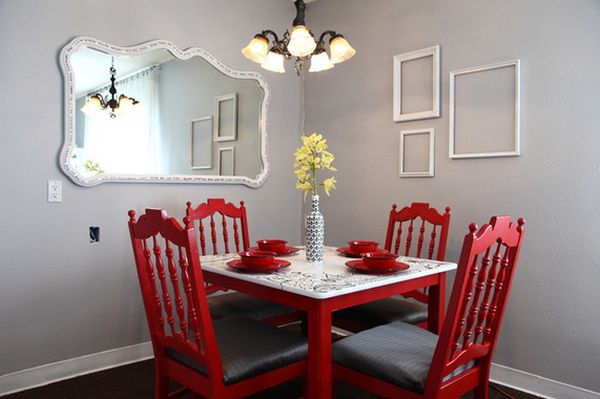 Grey dining room red table and chairs