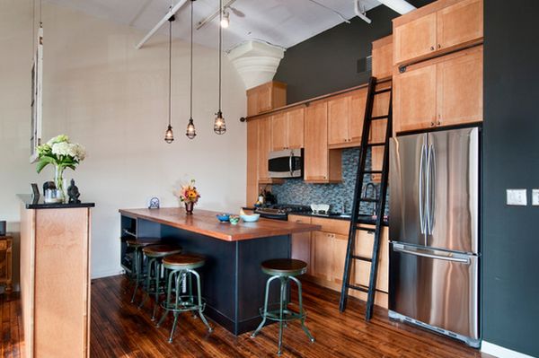 Industrial pendant lights over kitchen