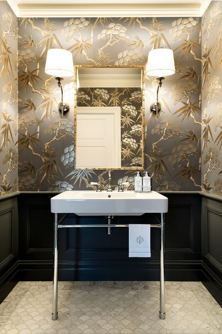 Karen Aston Design powder room renovation chinoiserie wallpaper