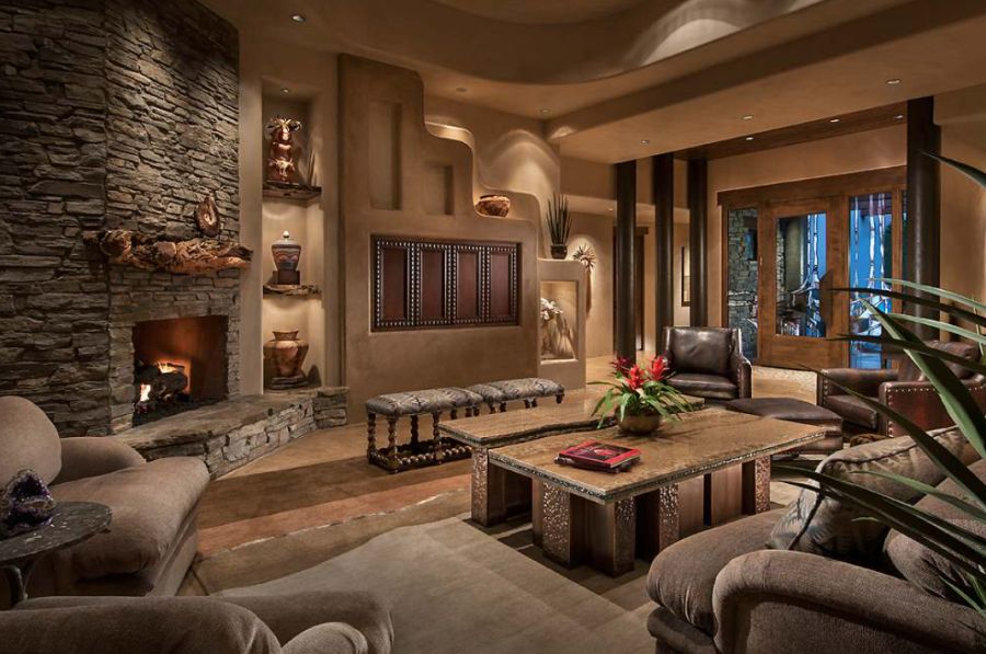 Large southwestern open concept living room