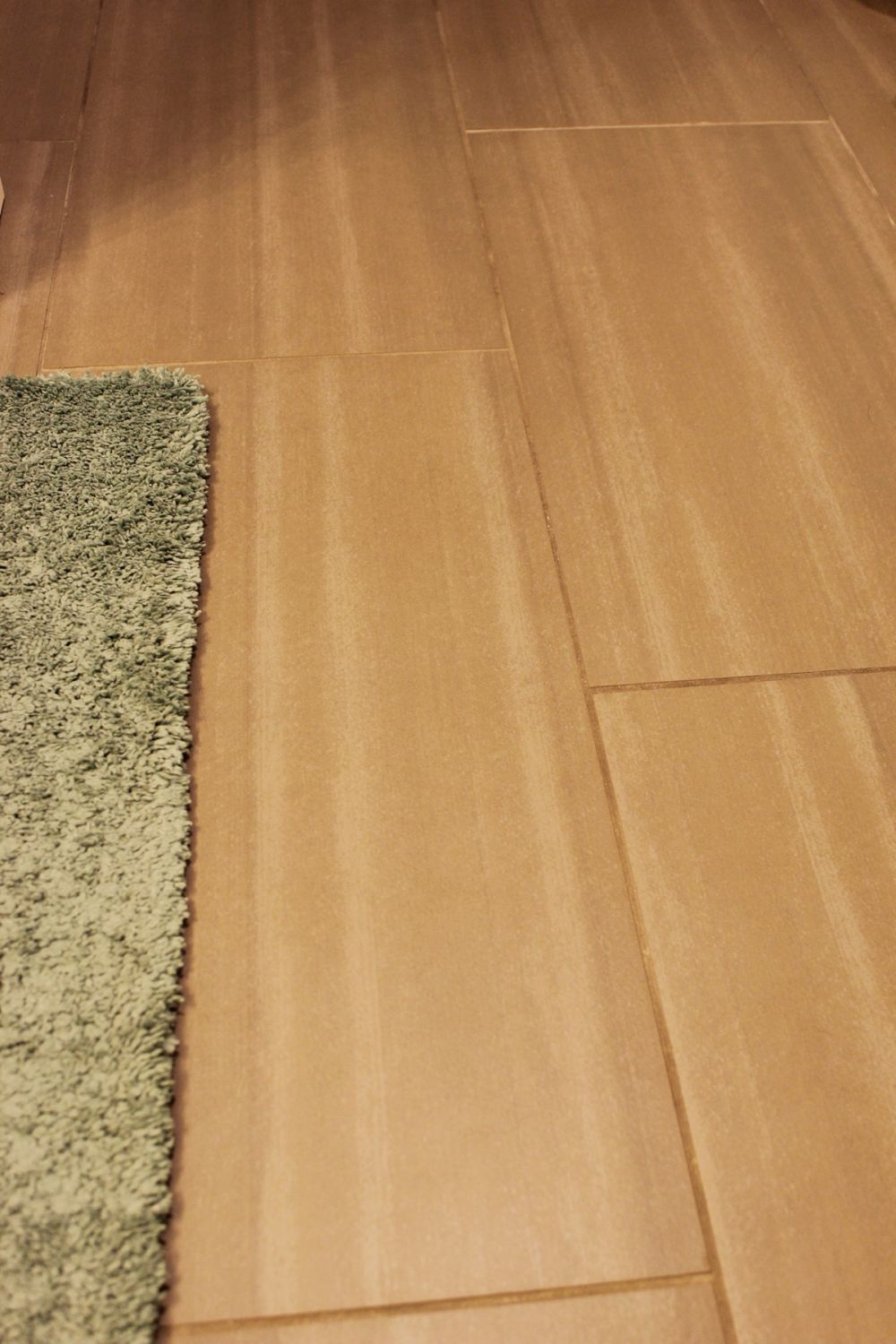 light faux wood tile gives this basement bathroom