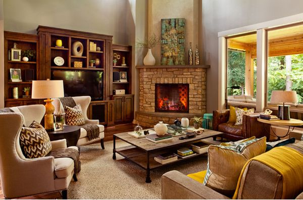 Living room decor corner fireplace