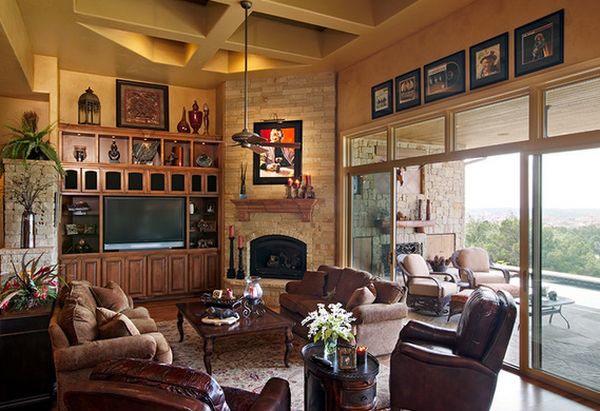 Living room with corner fireplace