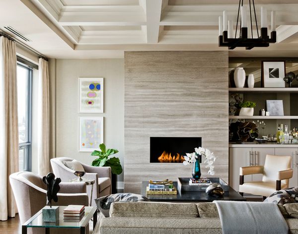 Living room with low ceiling and vertical framed pictures