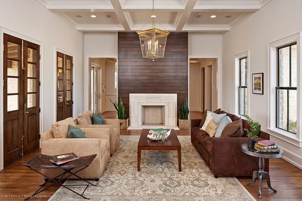 Living room wood paneling fireplace