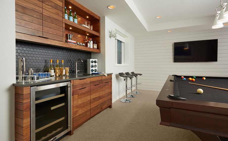 Long lean wood basement bar