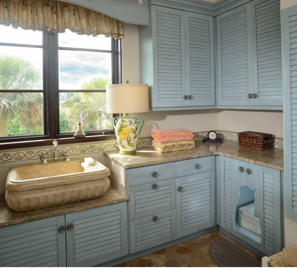 Louvered blue cabinets