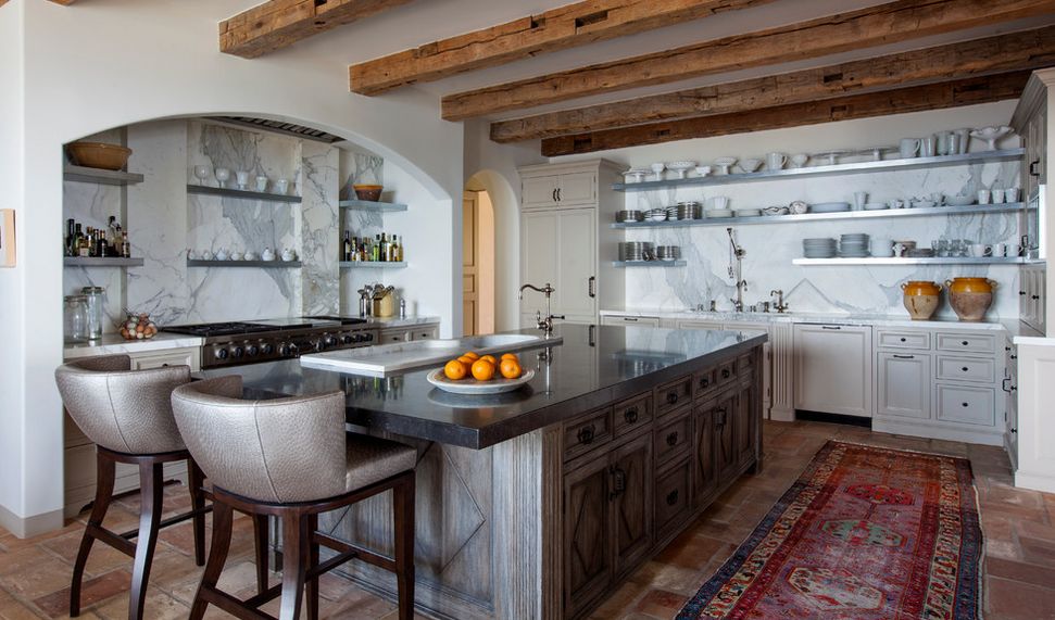 low-kitchen-ceiling-exposed-beams-and-stainless-steel-shelves