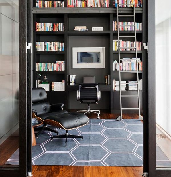 Masculine office with library and eames lounge chair