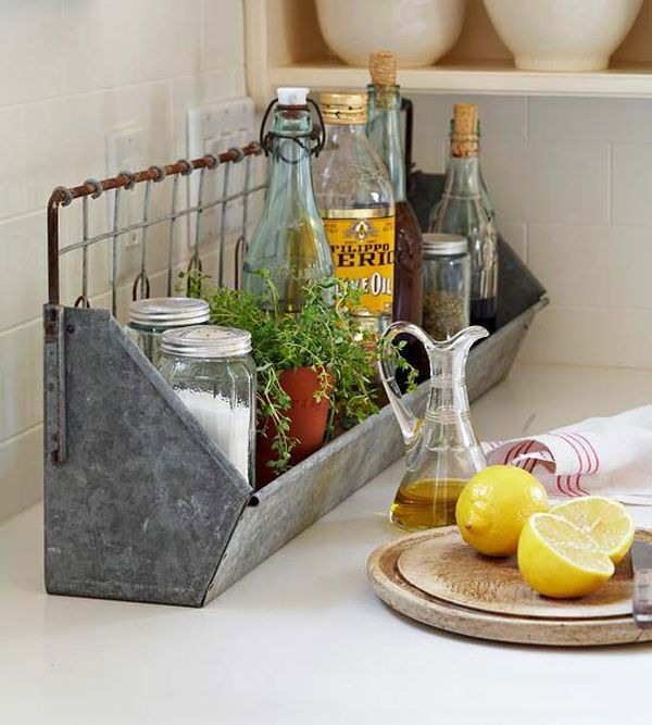 Metalic feeder repurposed to organize the countertop