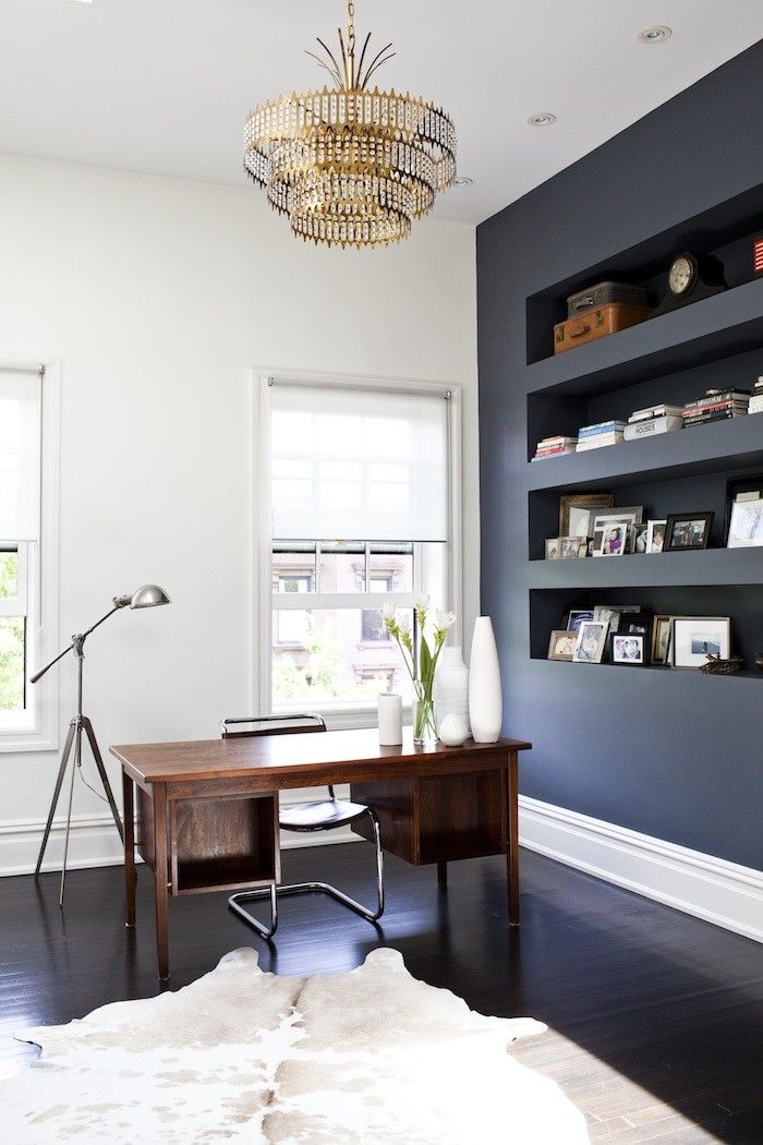 Minimalist home office built in shelves