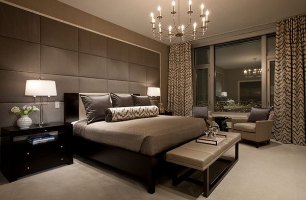 Modern bedroom design chandelier and large headboard