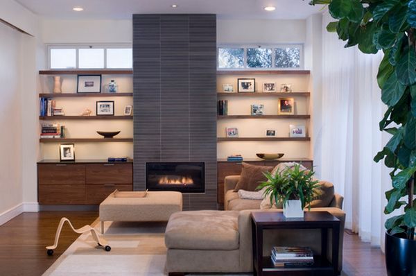 Modern fireplace symmetry shelfs