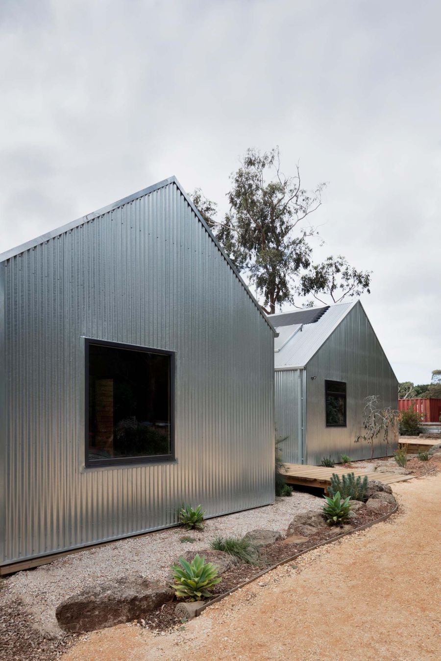 Modern home corrugated metal siding back view