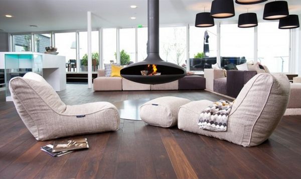 Modern living room floating fireplace